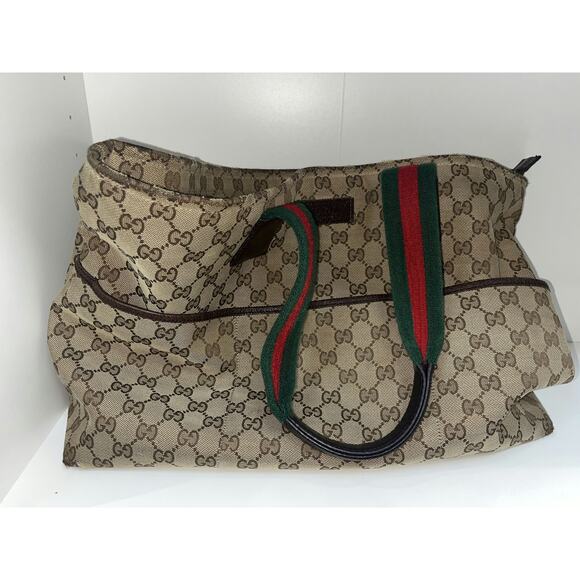 Gucci Vintage Monogram Canvas Tote Bag with Web Straps - Picture 2 of 8